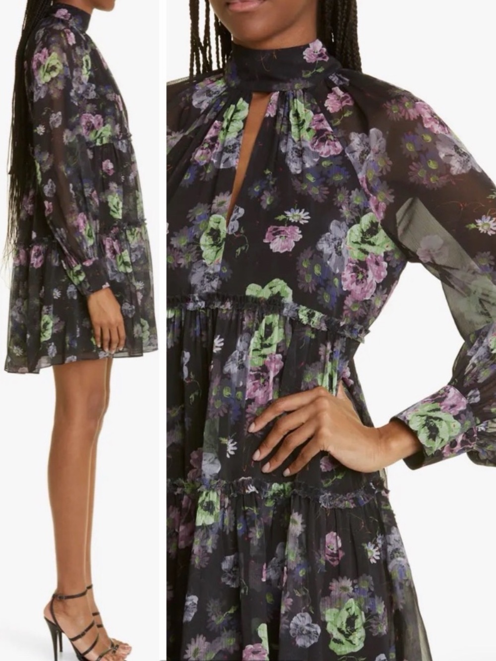 cinq a sept Black Mini Dress with Purple & Green Floral Print